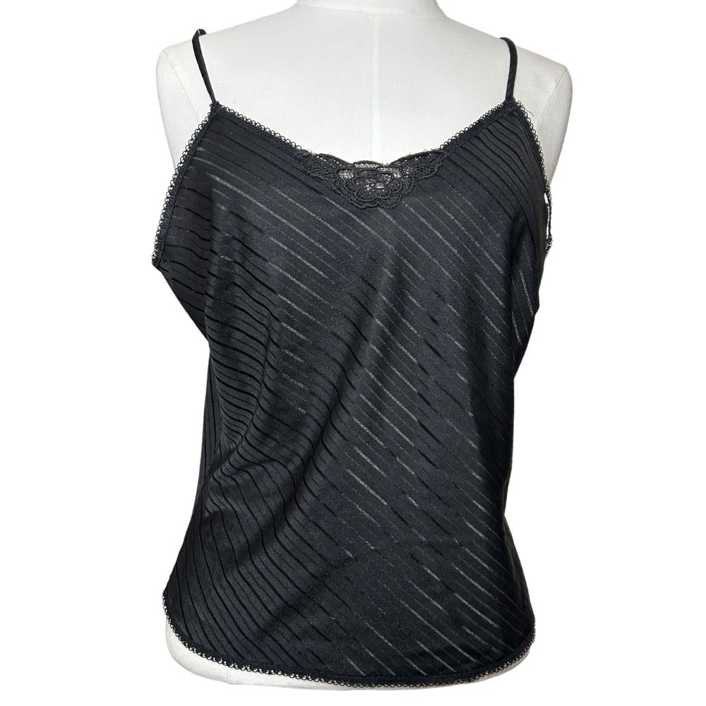 Vintage Black Striped Lace Trim Camisole Slip Tank Top 90s Grunge Retro Size 34